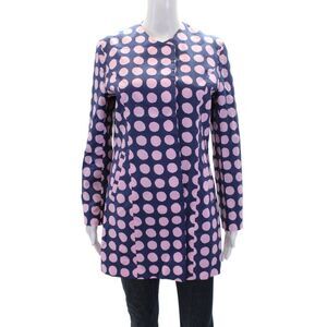 Grace Chuang Womens Cotton Long Sleeve Open Polka Dot Blouse Navy Size M